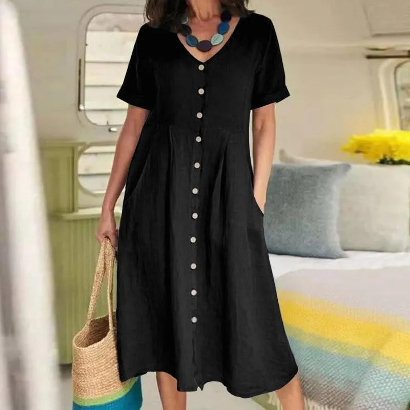 Womens Plus Size Cotton Linen Midi Dress V Neck Button Summer Dresses Short Sleeve Solid A Line Dress with Pockets