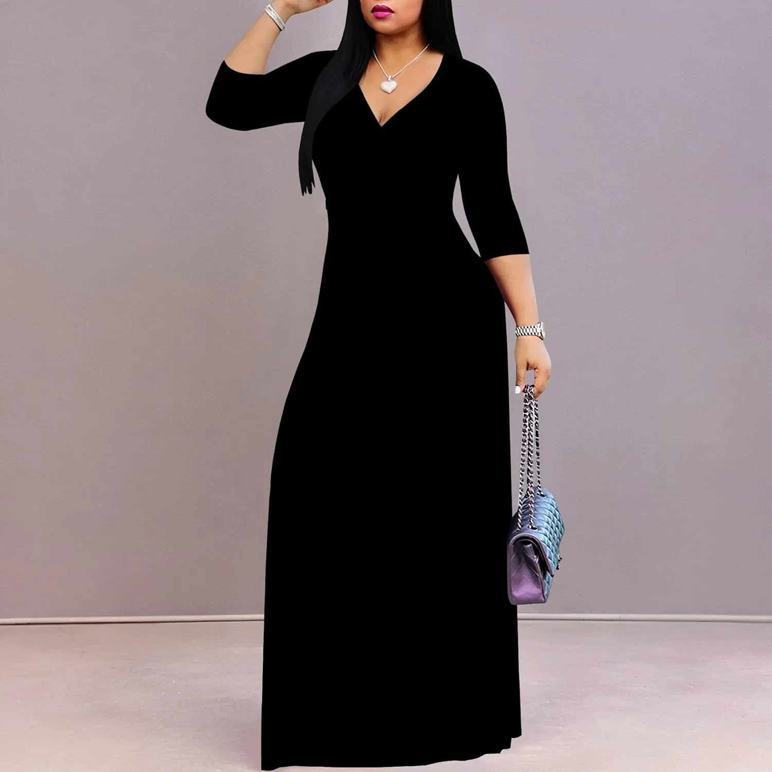 Women's Plus Size Maxi Dress Sexy V Neck 3/4 Sleeves Solid Color A Line Long Dresses Printed Swing Sundress with Belt