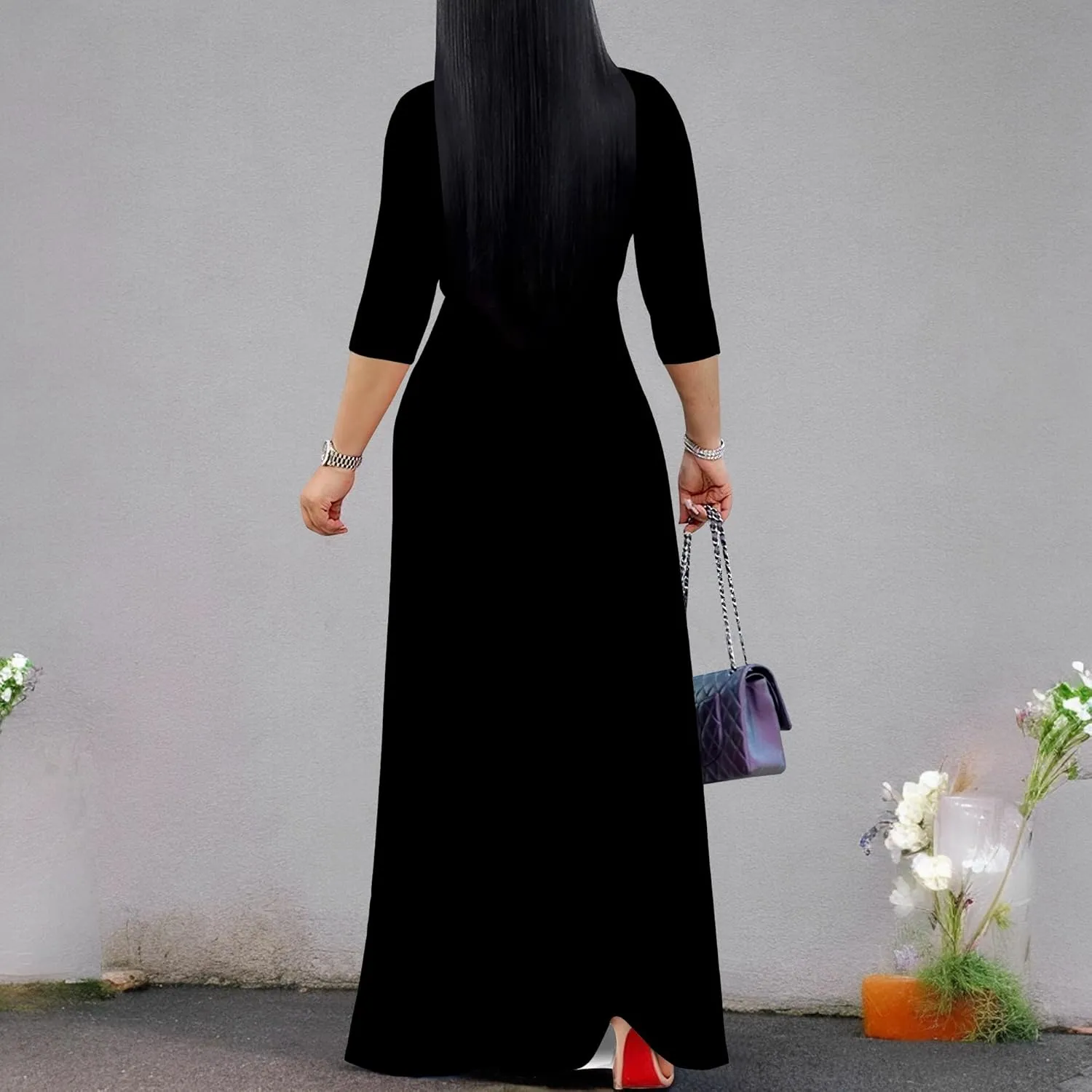 Women's Plus Size Maxi Dress Sexy V Neck 3/4 Sleeves Solid Color A Line Long Dresses Printed Swing Sundress with Belt