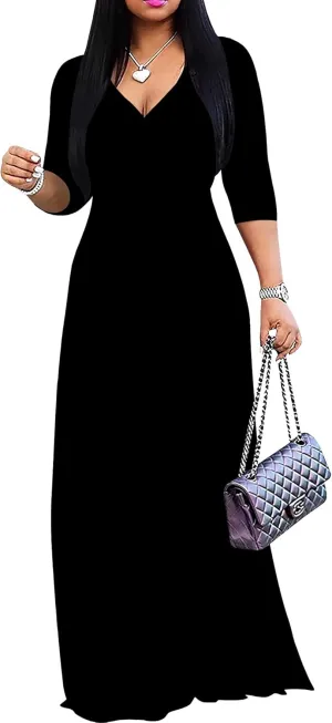Women's Plus Size Maxi Dress Sexy V Neck 3/4 Sleeves Solid Color A Line Long Dresses Printed Swing Sundress with Belt
