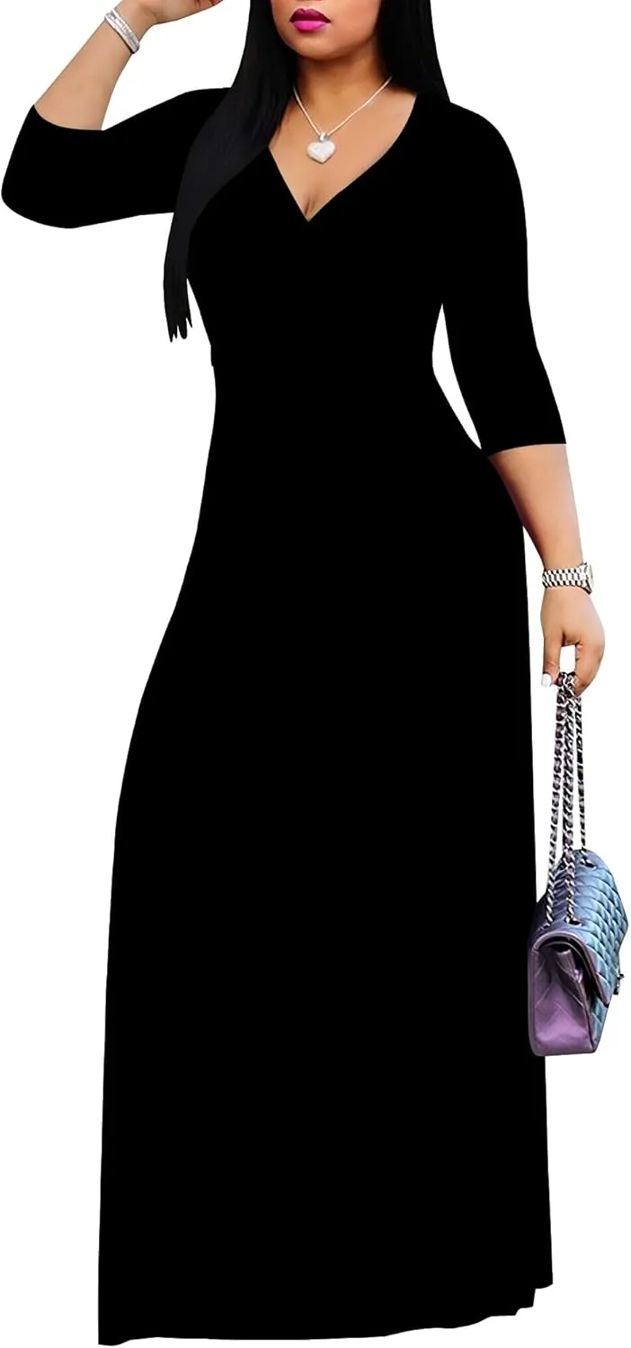 Women's Plus Size Maxi Dress Sexy V Neck 3/4 Sleeves Solid Color A Line Long Dresses Printed Swing Sundress with Belt