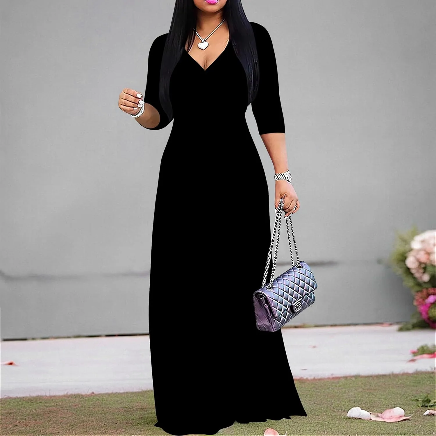 Women's Plus Size Maxi Dress Sexy V Neck 3/4 Sleeves Solid Color A Line Long Dresses Printed Swing Sundress with Belt