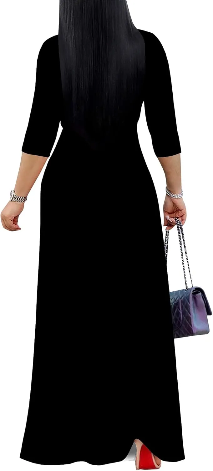 Women's Plus Size Maxi Dress Sexy V Neck 3/4 Sleeves Solid Color A Line Long Dresses Printed Swing Sundress with Belt