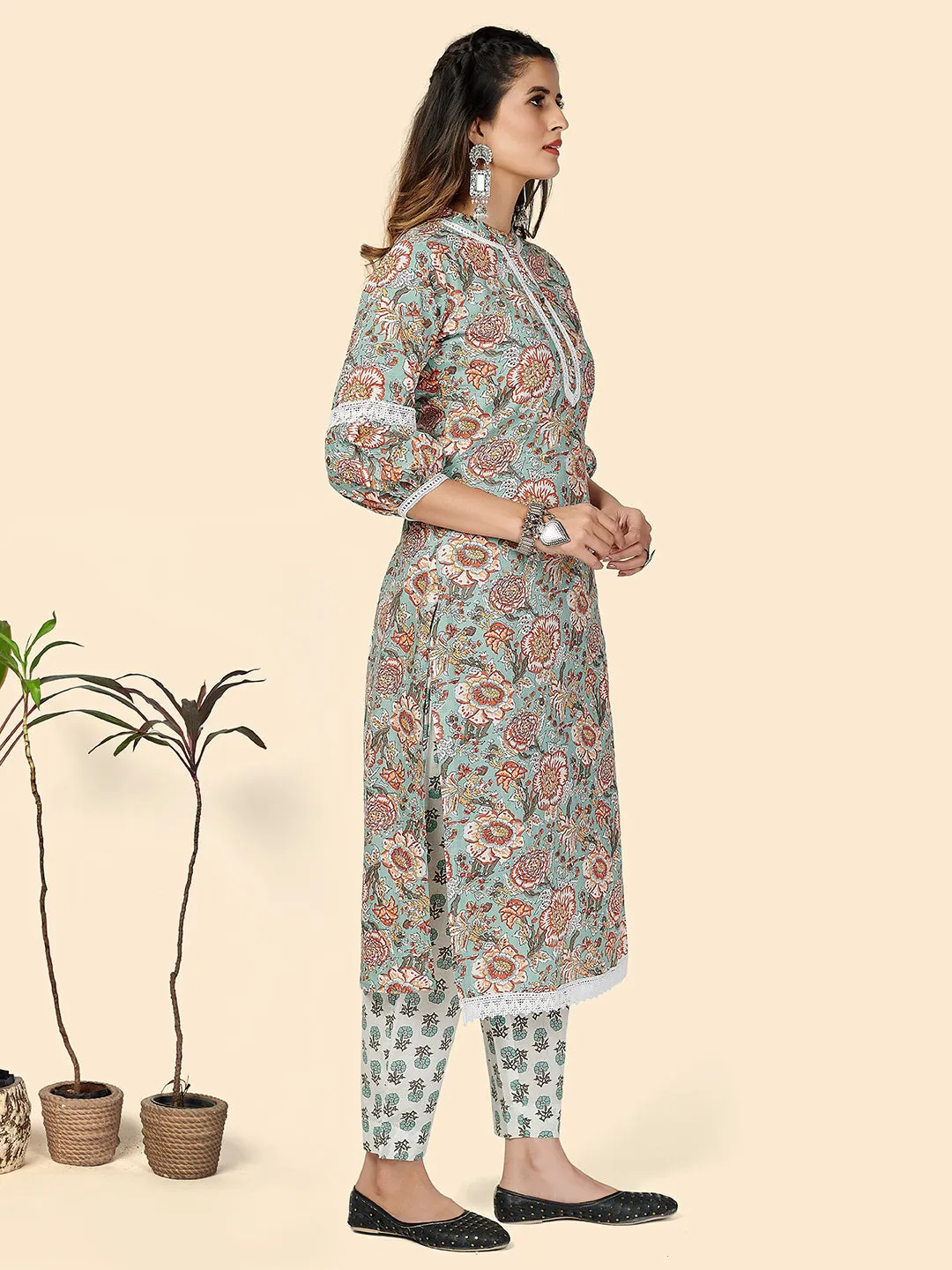 Women'S Printed & Lace Work Straight Cotton Turquoise Stitched Kurta Pant With Dupatta