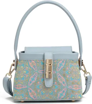 Women's printed crossbody tote bucket bag, handbag, light blue leather trim, luxury hardware, crossbody belt