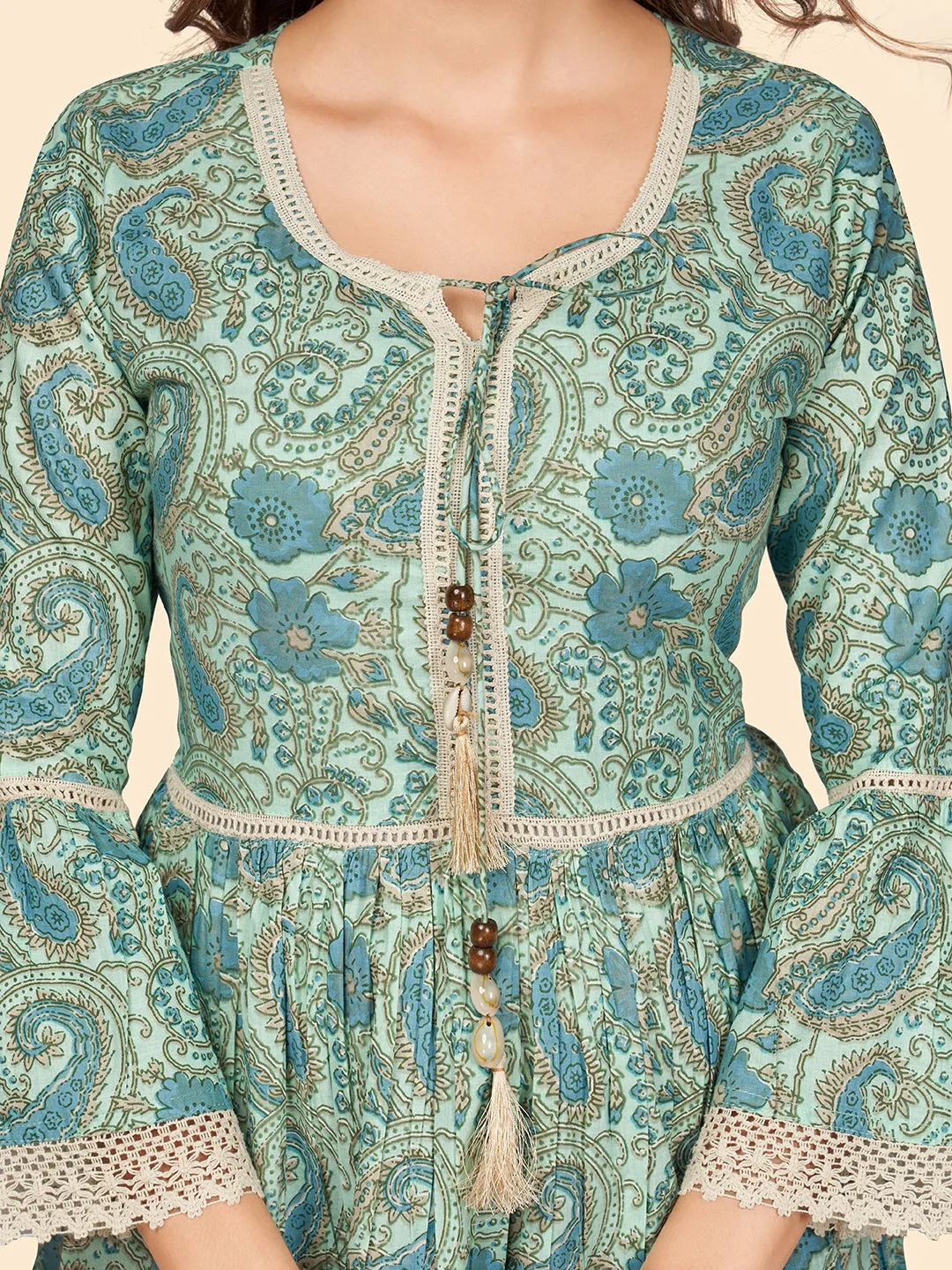 Women'S Printed Flared Cotton Sea Green Stitched Dress