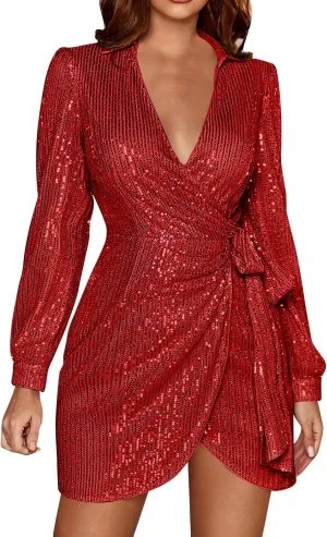 Women's Sexy Trendy Formal V Neck Long Sleeve Dress Sequins Solid Prom Party Cocktail Dresses Plus, S-3XL