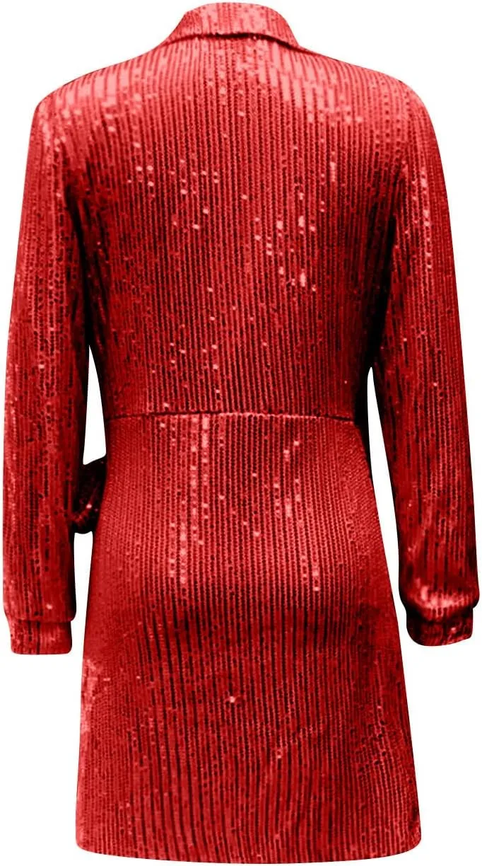 Women's Sexy Trendy Formal V Neck Long Sleeve Dress Sequins Solid Prom Party Cocktail Dresses Plus, S-3XL