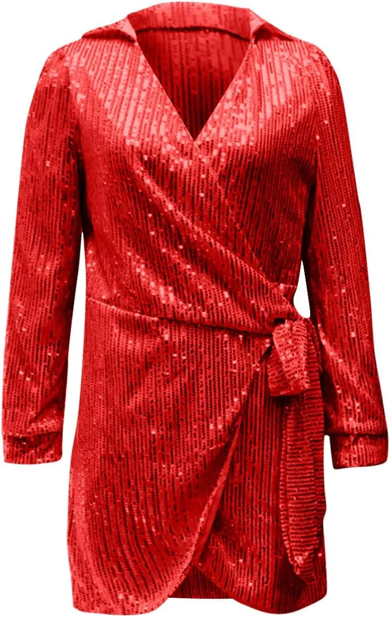 Women's Sexy Trendy Formal V Neck Long Sleeve Dress Sequins Solid Prom Party Cocktail Dresses Plus, S-3XL
