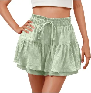 Women's Solid Color Ruffled Hem Drawstring Skirt Shorts Casual Boho Tiered Skorts Going Out High Waisted Skirts