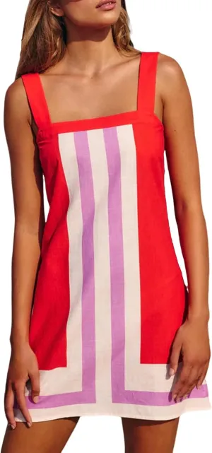 Women's Striped Mini Dress Boho Shoulder Strap Square Neck Sundress Sleeveless Backless Beach Cover Up Dress