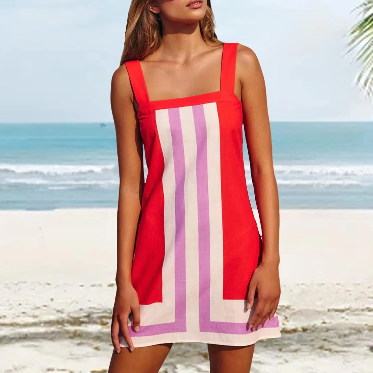 Women's Striped Mini Dress Boho Shoulder Strap Square Neck Sundress Sleeveless Backless Beach Cover Up Dress