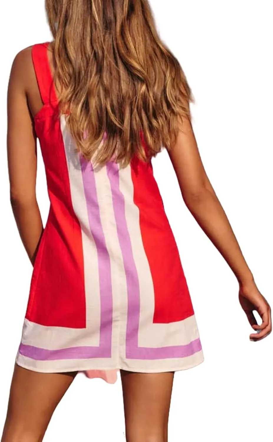 Women's Striped Mini Dress Boho Shoulder Strap Square Neck Sundress Sleeveless Backless Beach Cover Up Dress