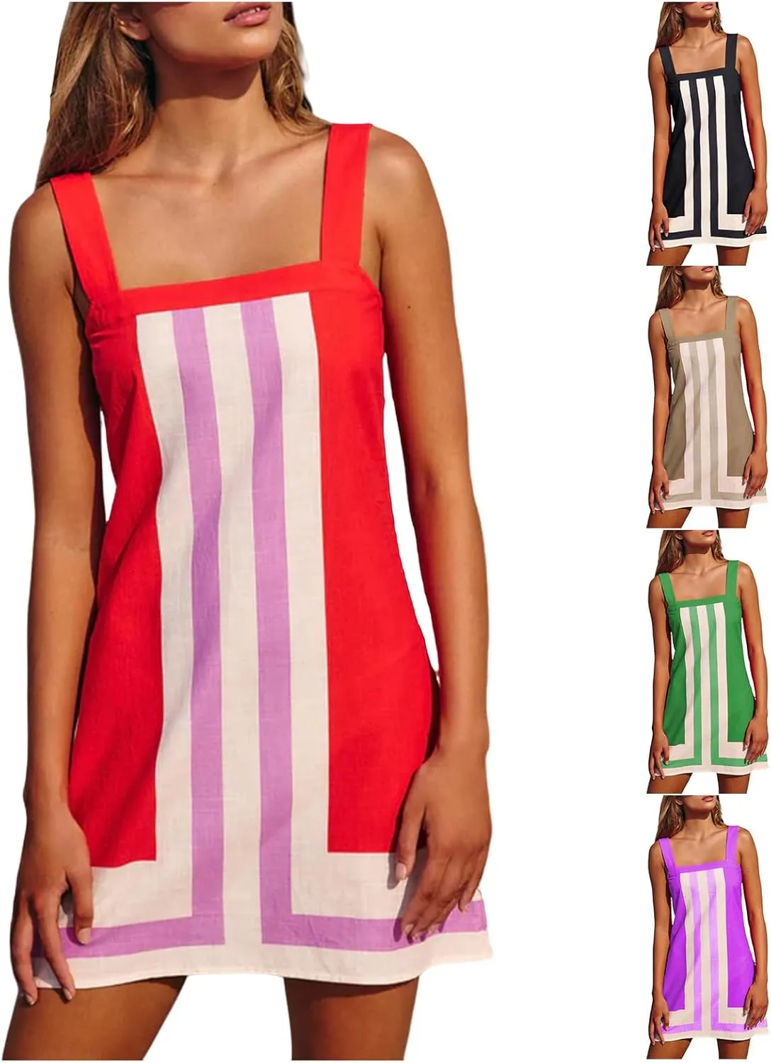 Women's Striped Mini Dress Boho Shoulder Strap Square Neck Sundress Sleeveless Backless Beach Cover Up Dress