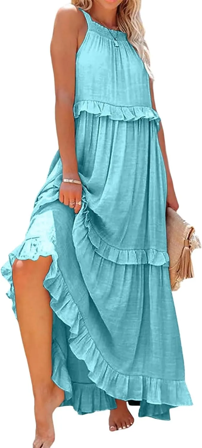 Women'S Summer Beach Dresses for Maxi Dress Long Tiered Ruffle Dress Sleeveless Flowy Boho Sundress Beige