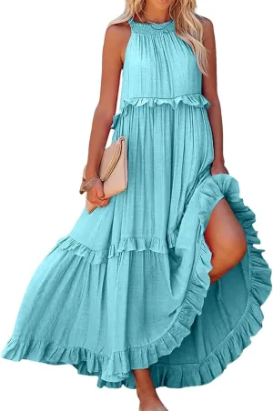 Women'S Summer Beach Dresses for Maxi Dress Long Tiered Ruffle Dress Sleeveless Flowy Boho Sundress Beige