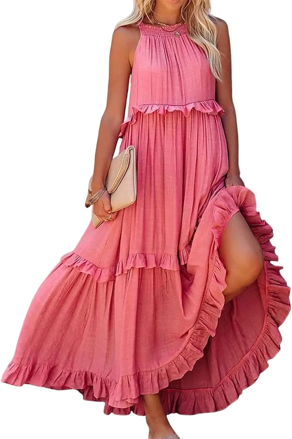 Women'S Summer Beach Dresses for Maxi Dress Long Tiered Ruffle Dress Sleeveless Flowy Boho Sundress Beige