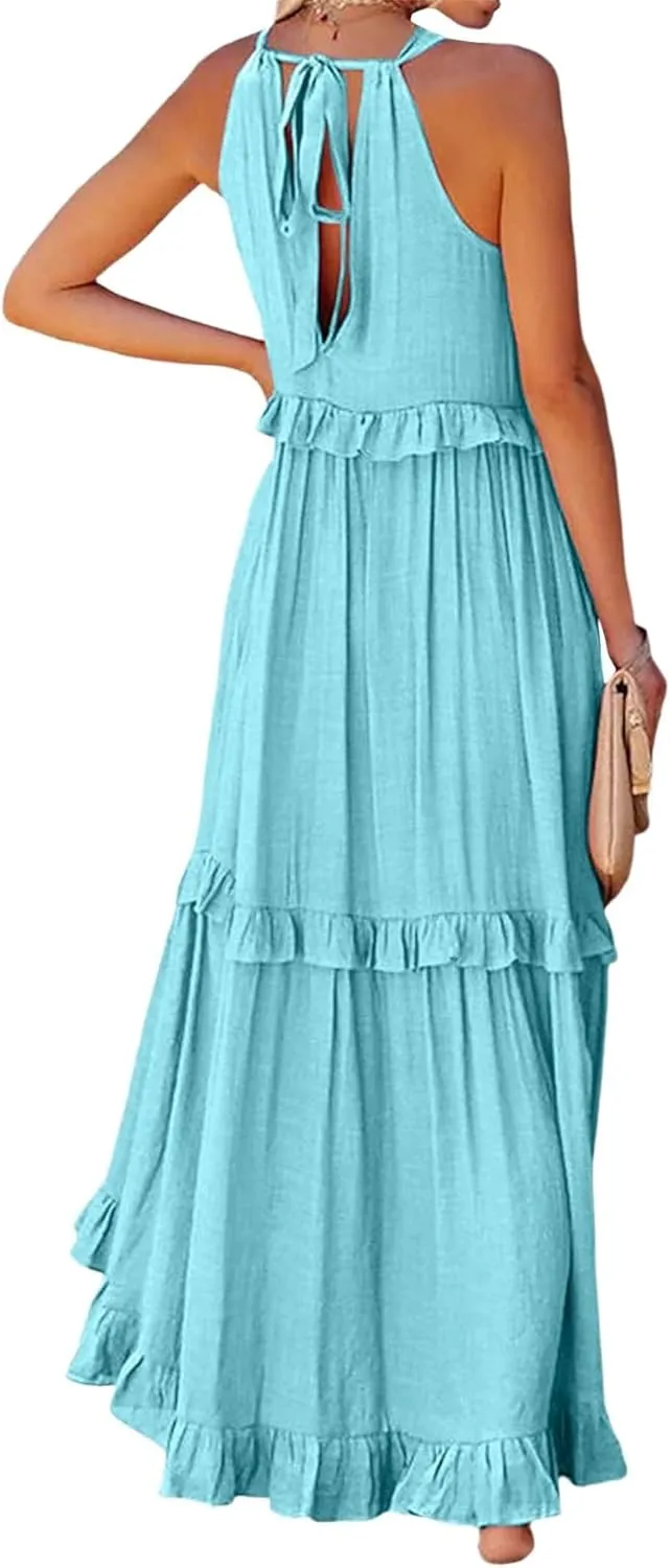 Women'S Summer Beach Dresses for Maxi Dress Long Tiered Ruffle Dress Sleeveless Flowy Boho Sundress Beige