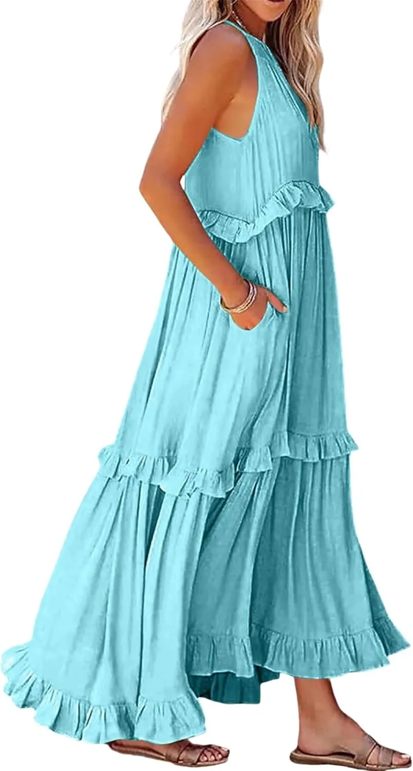 Women'S Summer Beach Dresses for Maxi Dress Long Tiered Ruffle Dress Sleeveless Flowy Boho Sundress Beige