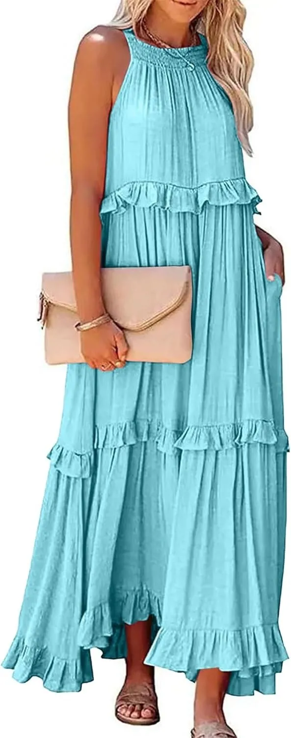 Women'S Summer Beach Dresses for Maxi Dress Long Tiered Ruffle Dress Sleeveless Flowy Boho Sundress Beige