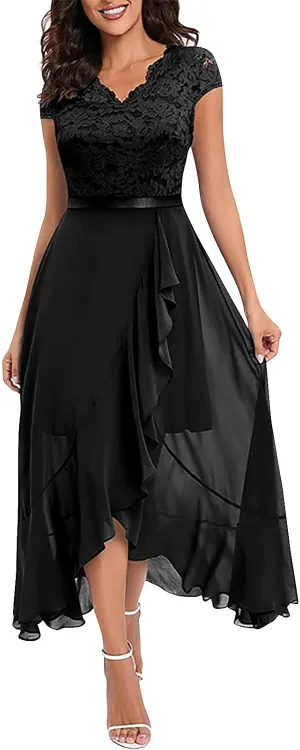 Women's Summer Bridesmaid Dresses Chiffon Wrap Sexy Summer Dresses V Neck Retro Lace Ruffle Midi Sundress