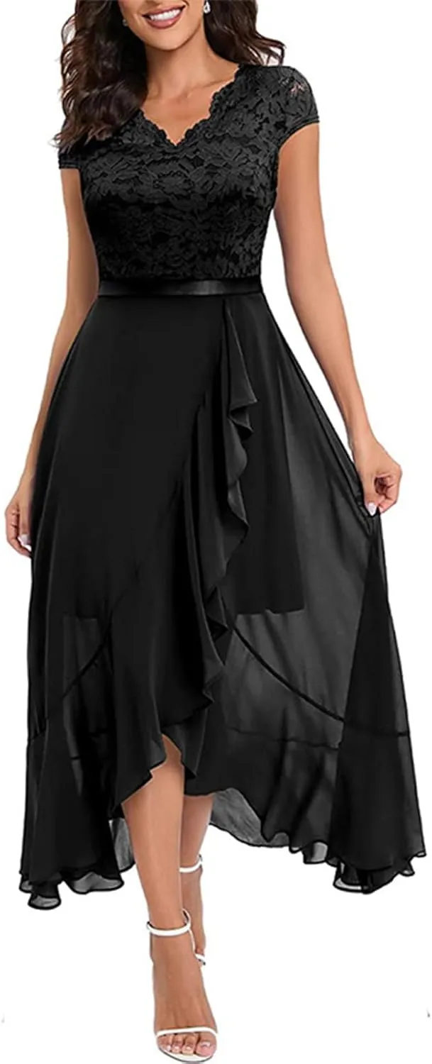 Women's Summer Bridesmaid Dresses Chiffon Wrap Sexy Summer Dresses V Neck Retro Lace Ruffle Midi Sundress