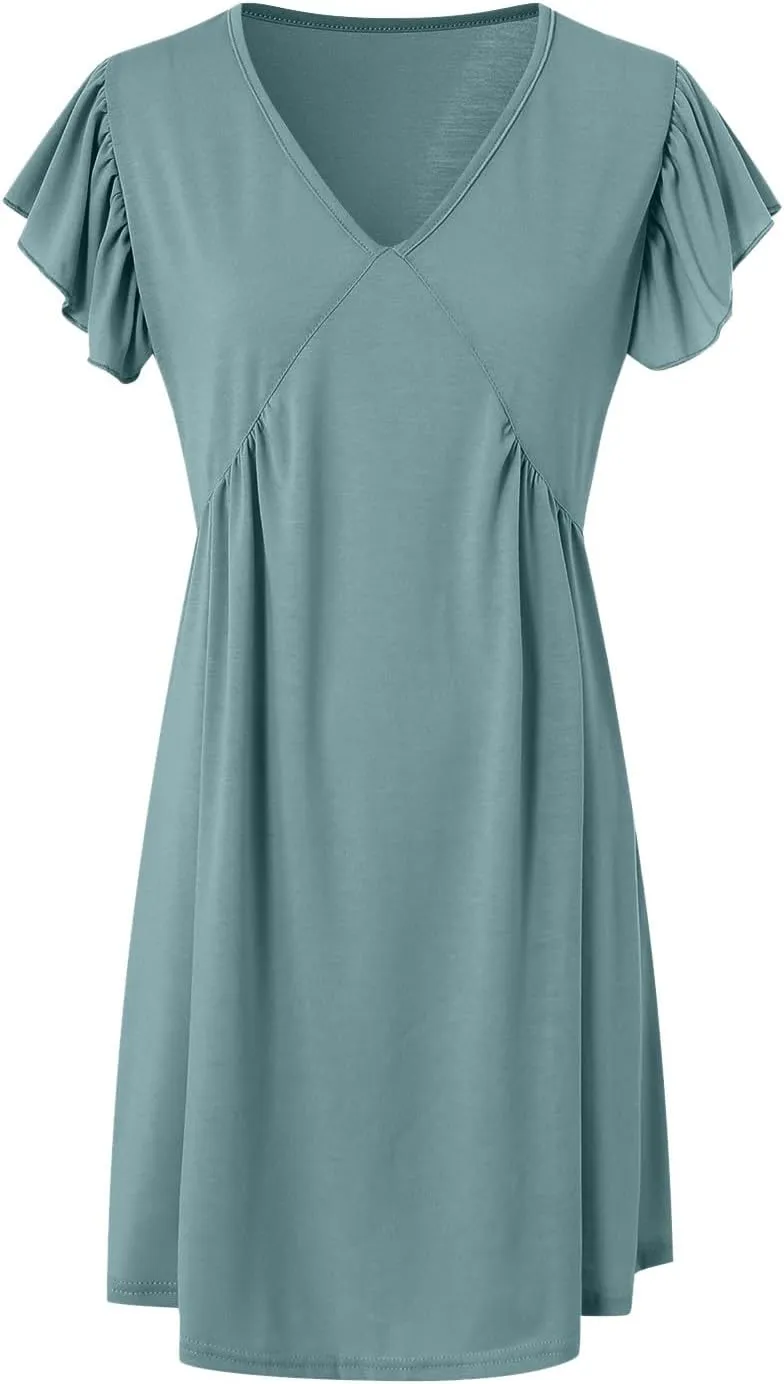 Women's Summer Dresses 2025 Beach Casual Deep V Neck Loose Sundress Ruffle Sleeve Mini Dress
