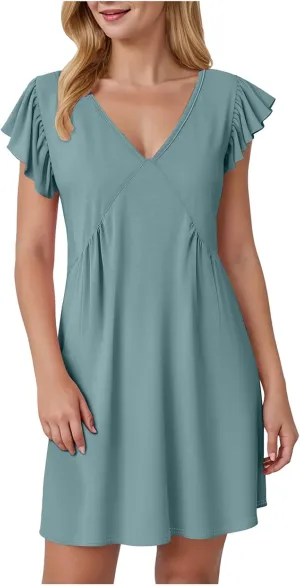 Women's Summer Dresses 2025 Beach Casual Deep V Neck Loose Sundress Ruffle Sleeve Mini Dress