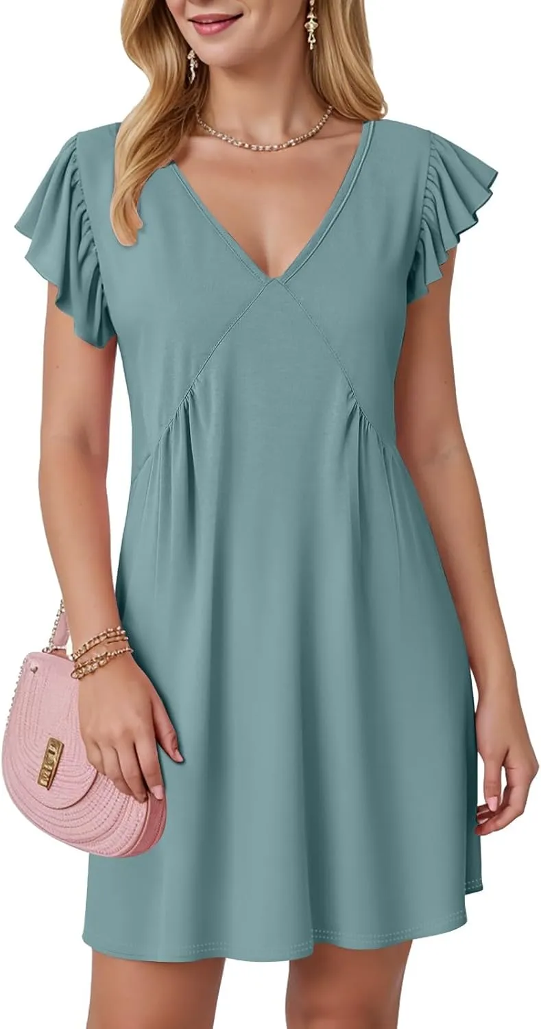 Women's Summer Dresses 2025 Beach Casual Deep V Neck Loose Sundress Ruffle Sleeve Mini Dress