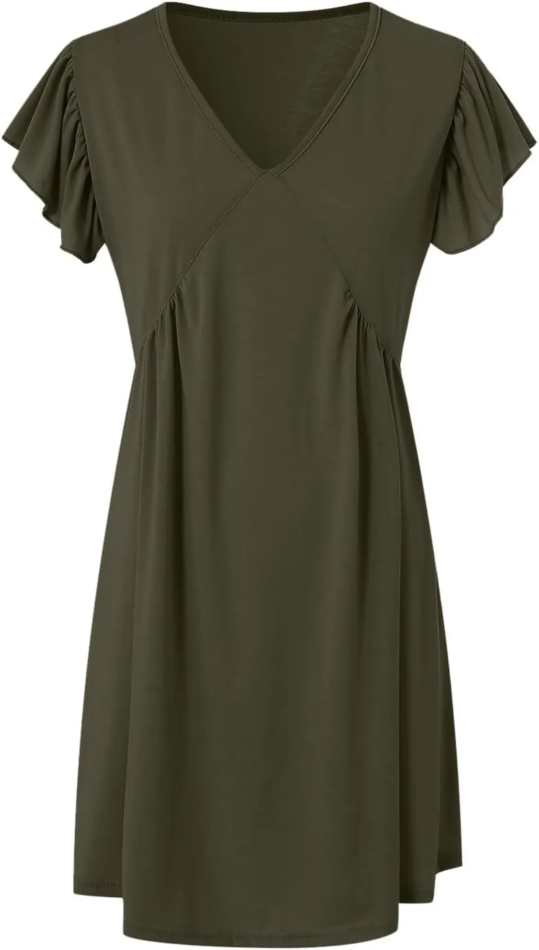 Women's Summer Dresses 2025 Beach Casual Deep V Neck Loose Sundress Ruffle Sleeve Mini Dress