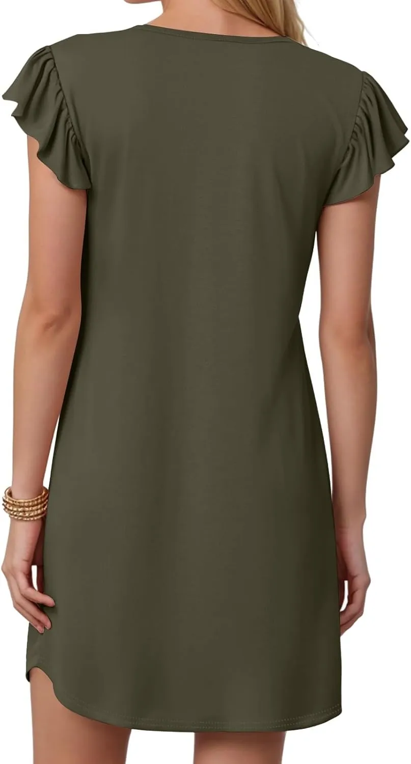 Women's Summer Dresses 2025 Beach Casual Deep V Neck Loose Sundress Ruffle Sleeve Mini Dress