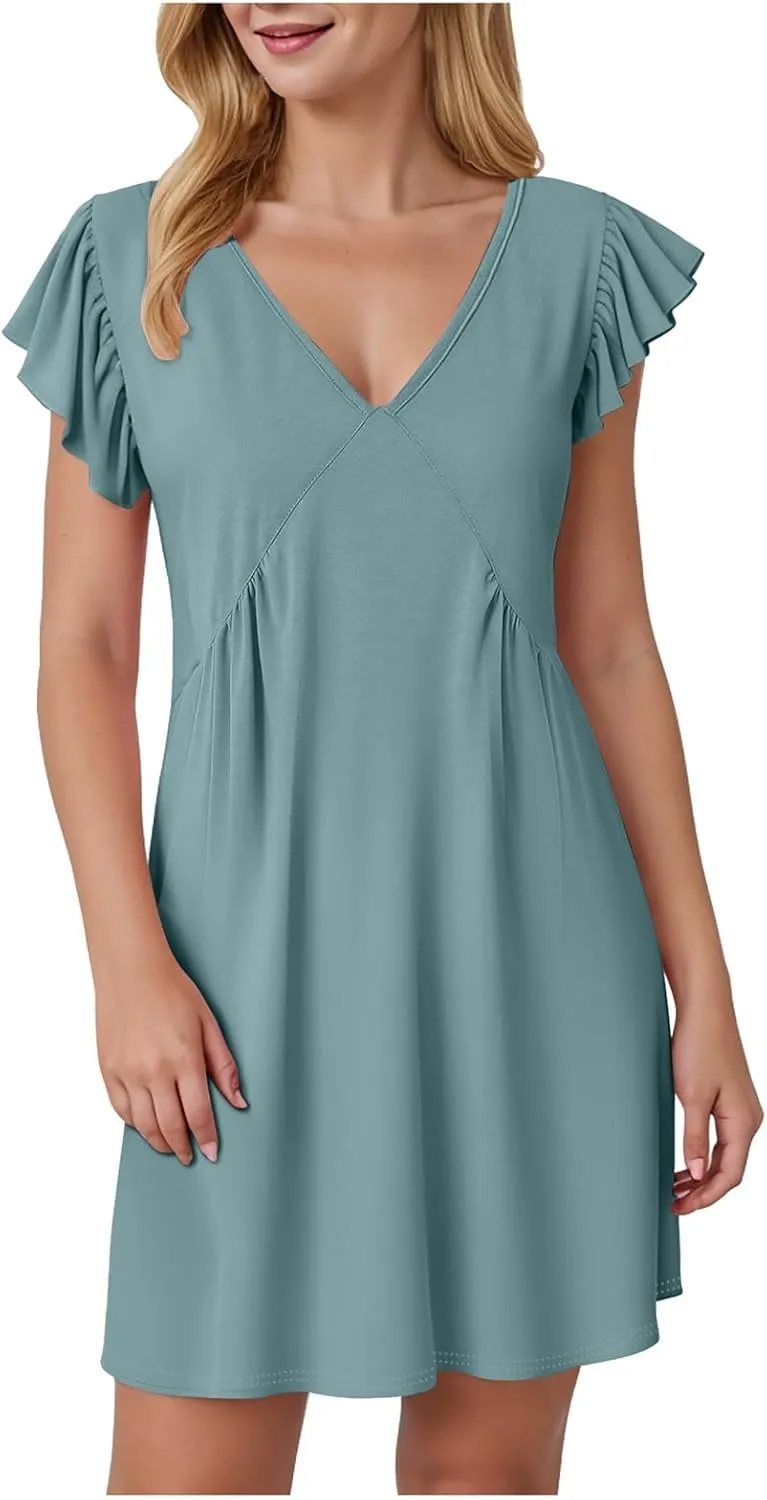 Women's Summer Dresses 2025 Beach Casual Deep V Neck Loose Sundress Ruffle Sleeve Mini Dress