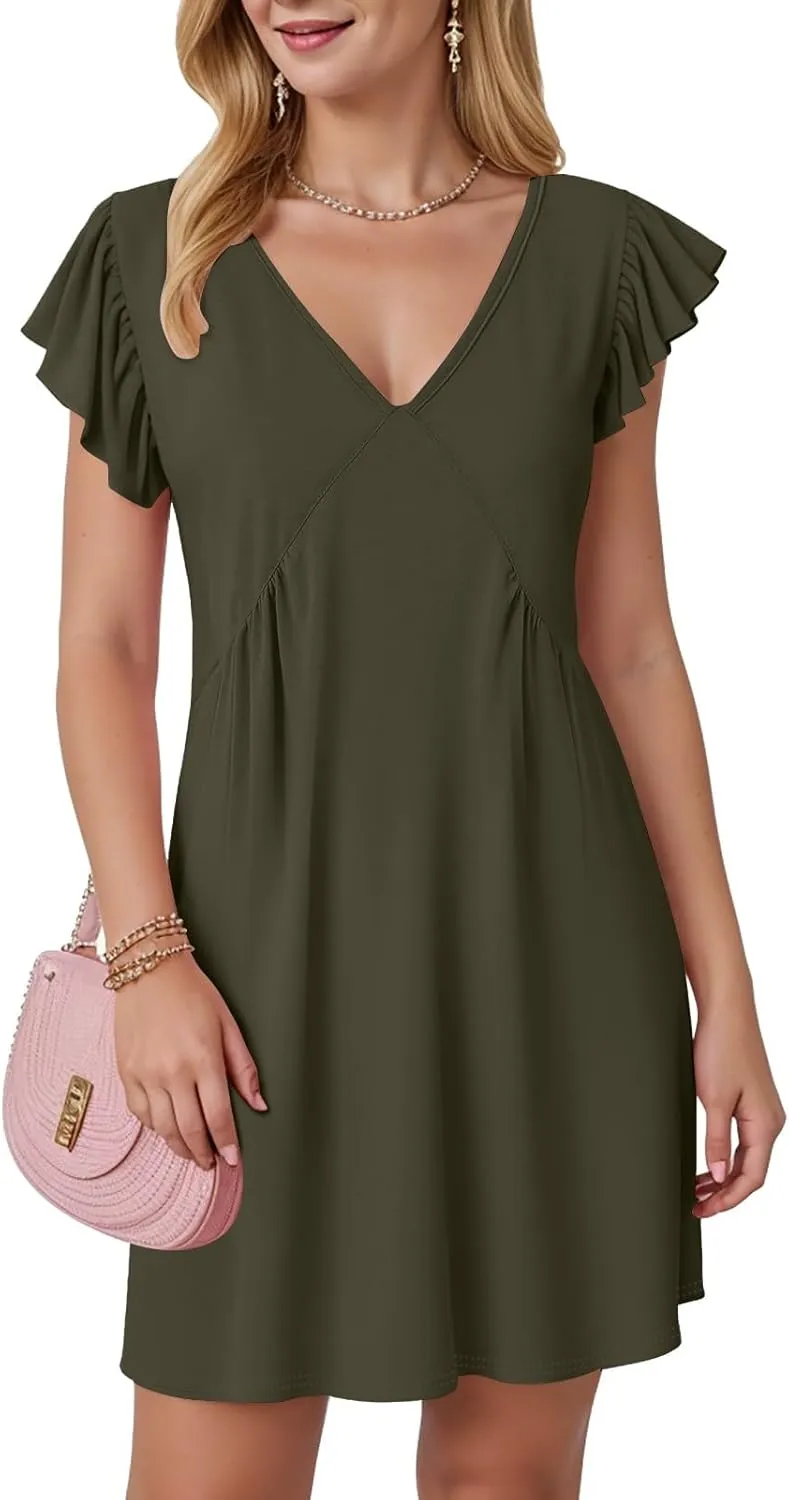 Women's Summer Dresses 2025 Beach Casual Deep V Neck Loose Sundress Ruffle Sleeve Mini Dress