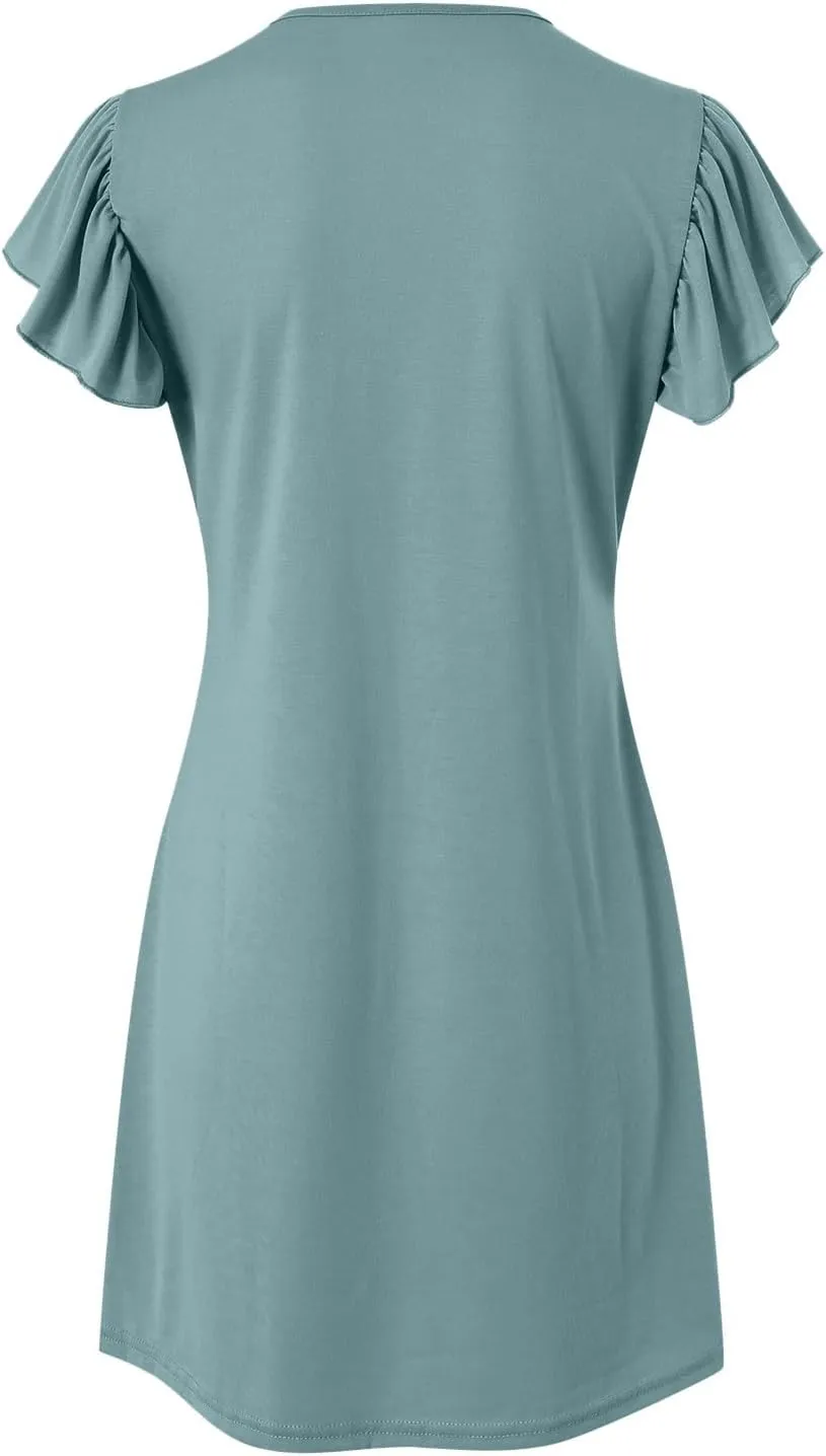 Women's Summer Dresses 2025 Beach Casual Deep V Neck Loose Sundress Ruffle Sleeve Mini Dress