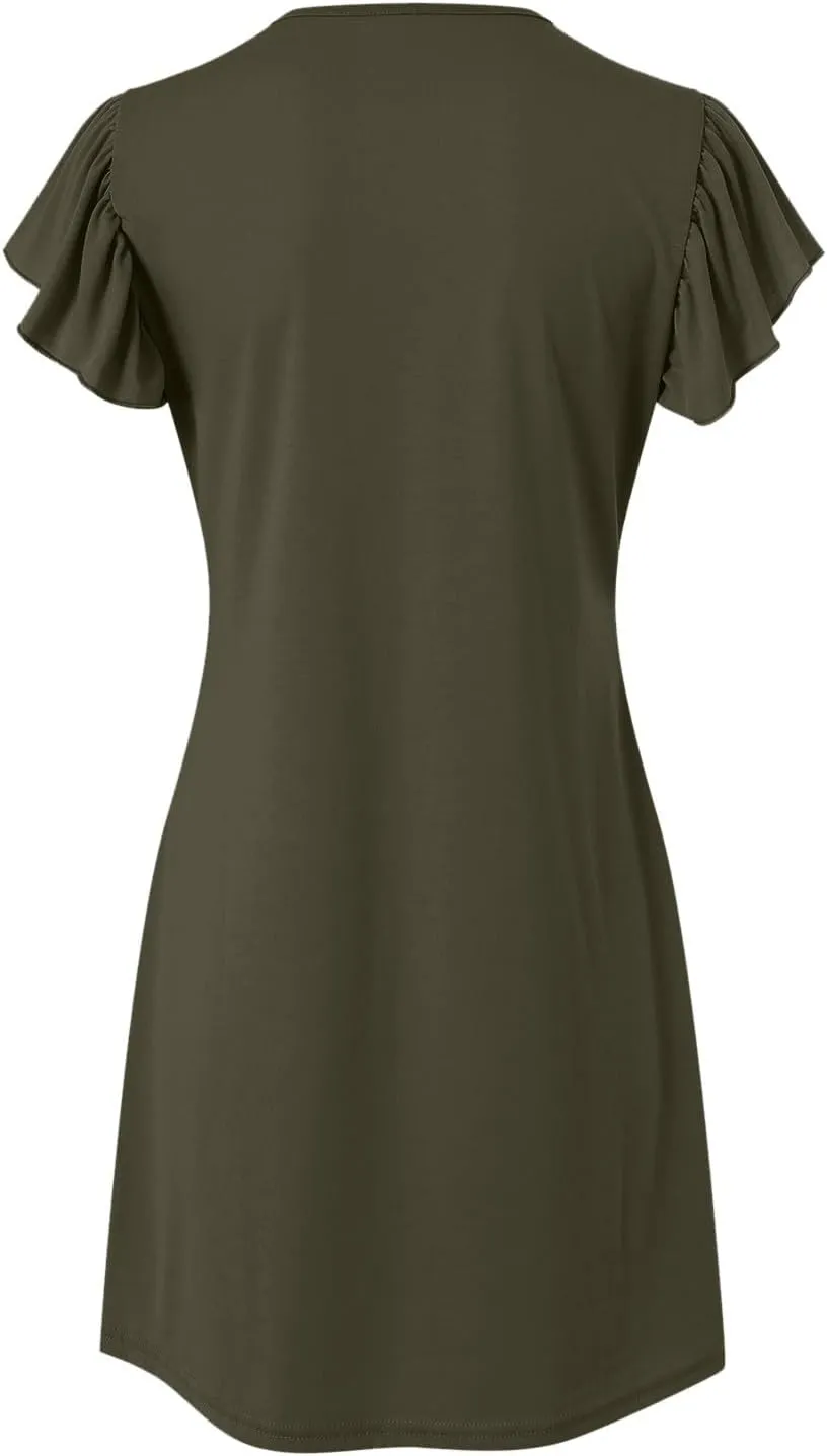 Women's Summer Dresses 2025 Beach Casual Deep V Neck Loose Sundress Ruffle Sleeve Mini Dress