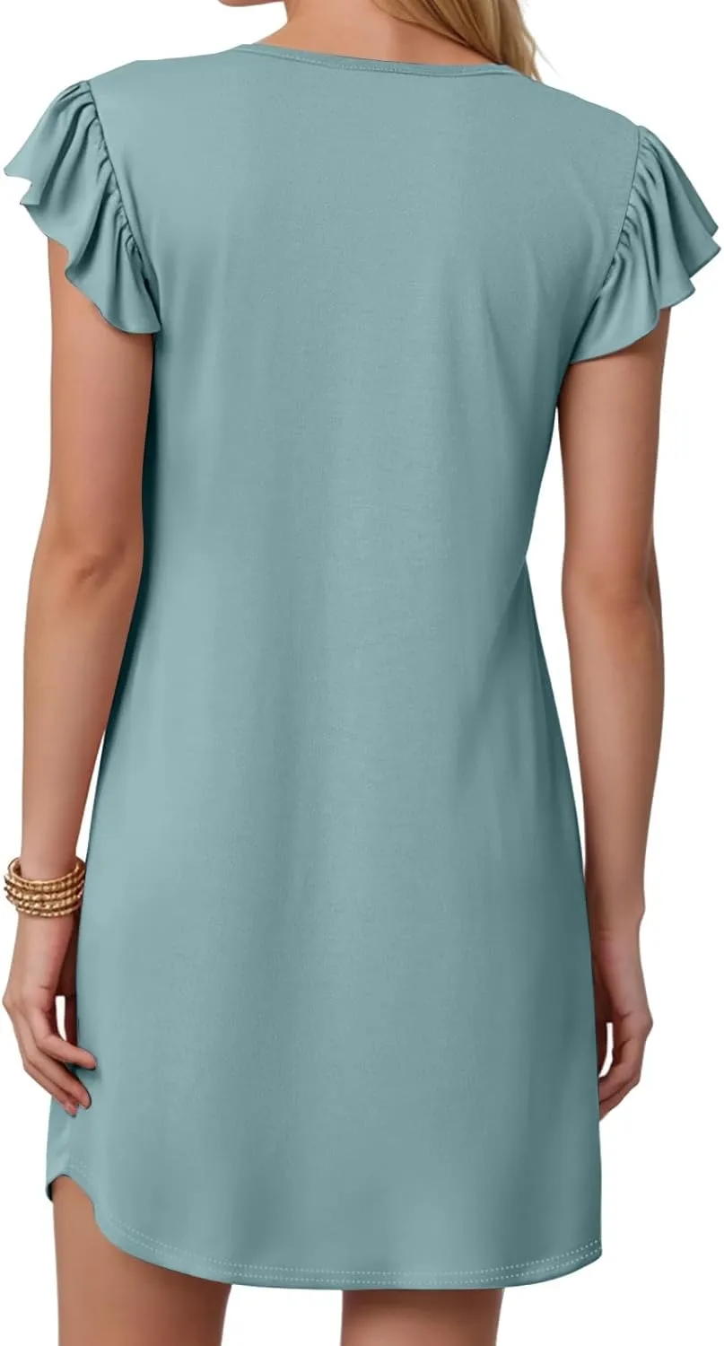 Women's Summer Dresses 2025 Beach Casual Deep V Neck Loose Sundress Ruffle Sleeve Mini Dress