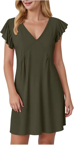 Women's Summer Dresses 2025 Beach Casual Deep V Neck Loose Sundress Ruffle Sleeve Mini Dress