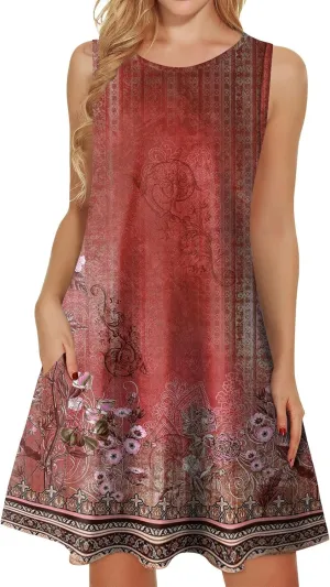 Womens Summer Dresses 2025 Loose Round Neck Boho Dress Beach Casual Sleeveless Floral Print Tank Sundress with Pockets