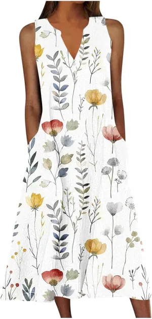Womens Summer Floral Sundress Fashion Sleeveless Dresses V Neck Pockets Beach Vacation Sun Dress Trendy Print Clothes