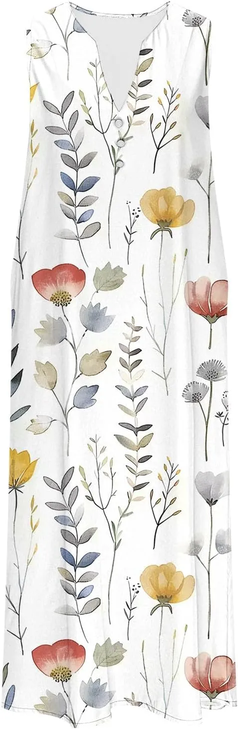 Womens Summer Floral Sundress Fashion Sleeveless Dresses V Neck Pockets Beach Vacation Sun Dress Trendy Print Clothes