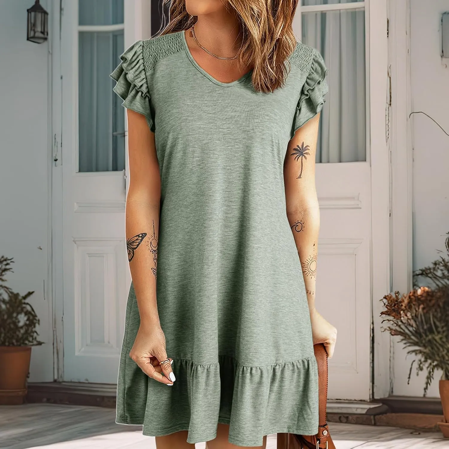 Women's Summer Mini Dresses V Neck Ruffle Short Sleeve Dress Casual Loose A-Line Swing Mini Dress Sundress 2025