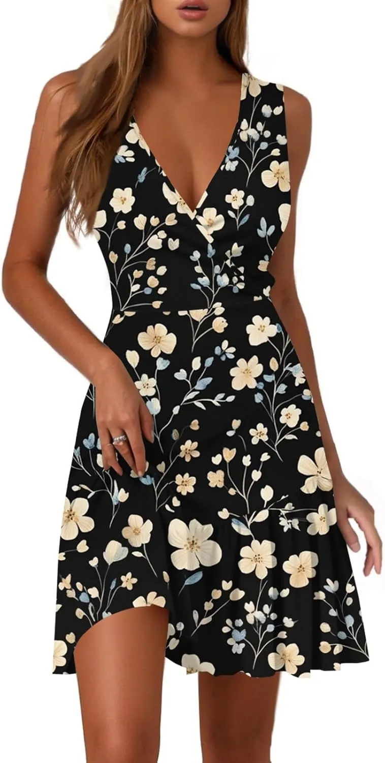 Womens Summer Off Shoulder Mini Sundresses Casual Trendy Sleeveless Formal Elegant Floral Smocked Flowy Short Dress