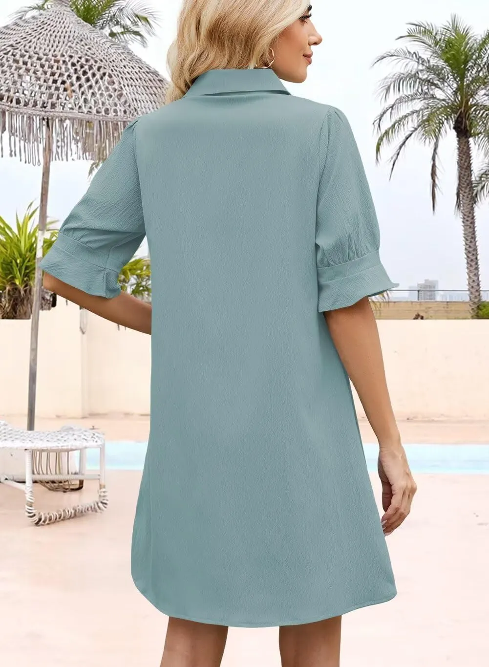 Womens Summer Shirt Dress 2025 Casual Ruffle Short Sleeve Button Down Flowy Swing Shift Mini Dresses with Pockets