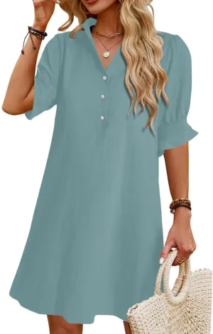Womens Summer Shirt Dress 2025 Casual Ruffle Short Sleeve Button Down Flowy Swing Shift Mini Dresses with Pockets