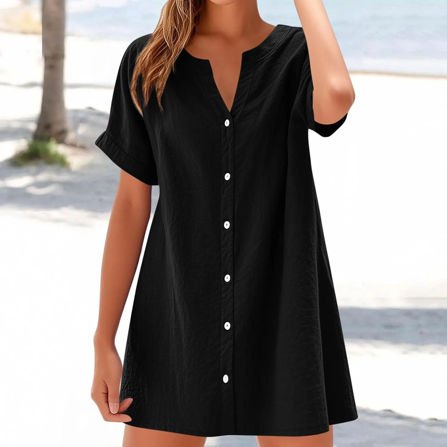 Women's Summer Short Dresses Trendy Button Down Plus Size V Neck Boho Sundress Spring Mini Dress 2025