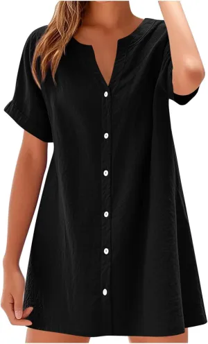 Women's Summer Short Dresses Trendy Button Down Plus Size V Neck Boho Sundress Spring Mini Dress 2025