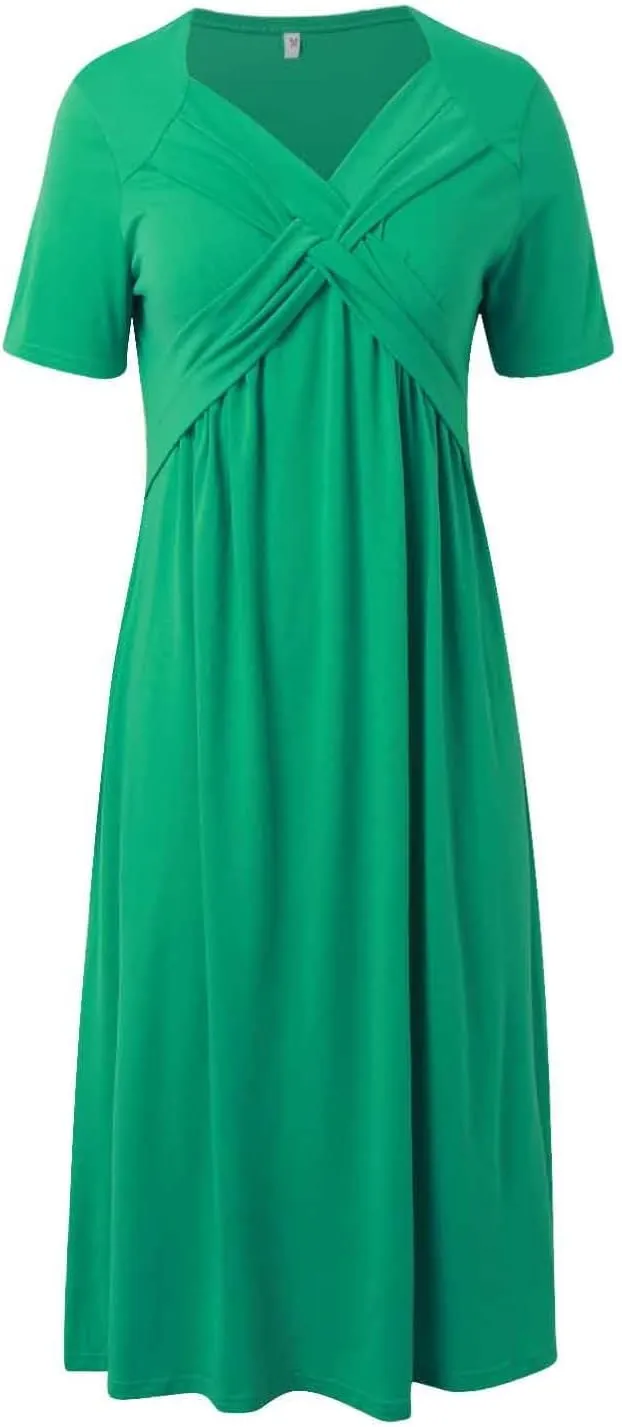 Women's Summer Short Sleeve Maxi Dress 2025 Casual V Neck High Waist A-Line Flowy Loose Solid Boho Long Dresses