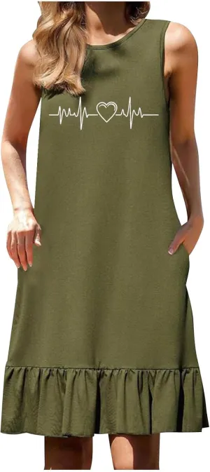 Women's Summer Sleeveless Beach Dress Cute Graphic Ruffle Swing Mini Sundress Crewneck Casual 2025 New