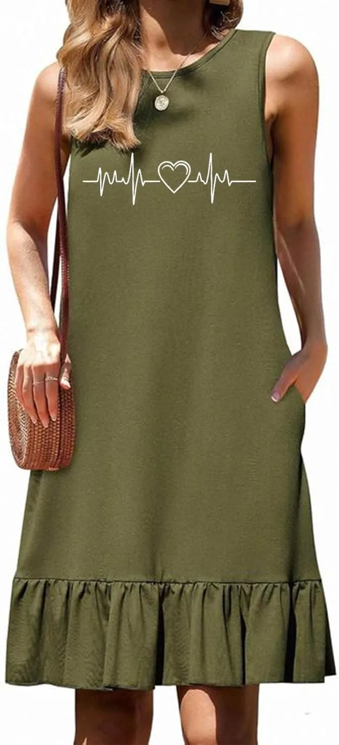 Women's Summer Sleeveless Beach Dress Cute Graphic Ruffle Swing Mini Sundress Crewneck Casual 2025 New
