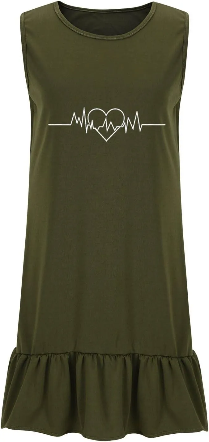 Women's Summer Sleeveless Beach Dress Cute Graphic Ruffle Swing Mini Sundress Crewneck Casual 2025 New